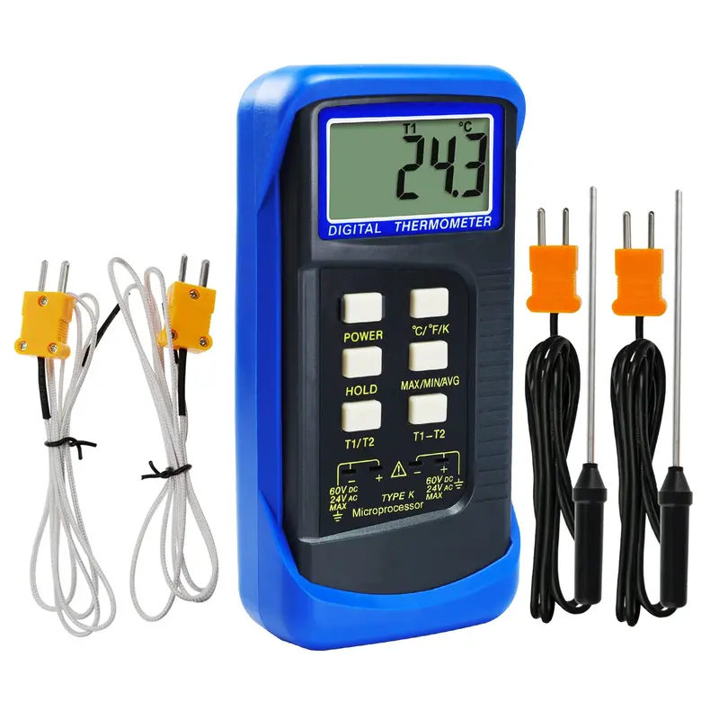 68022_2P Digital 2 Channels K-Type Thermometer W/ 4 Thermocouples (Wired & Stainless Steel), -50~1300°C (-58~2372°F) Handheld Desktop High Temperature Kelvin Scale Dual Measurement Meter Sensor 1