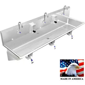 Bsm Inc. Stainless Steel Sink, 3 User W/Knee Valve Operated Faucets, Wall Brackets 60"L X 20"W X 8"D 1