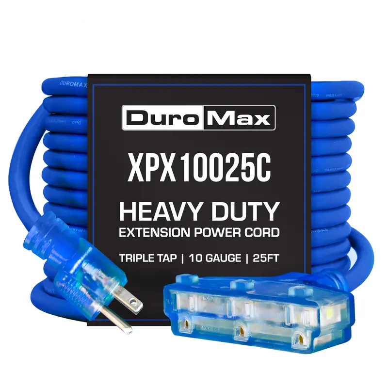 Duromax Xpx10025c Heavy Duty Sjeoow 25-Foot 10 Gauge Blue Triple Tap Extension Power Cord 1