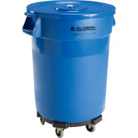 Global Industrial™ Plastic Trash Can With Lid & Dolly - 32 Gallon Blue 1