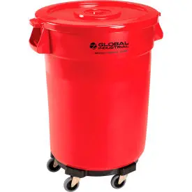 Global Industrial™ Plastic Trash Can With Lid & Dolly - 32 Gallon Red 1