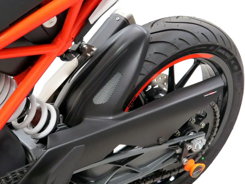 Ktm 125 & 390 Duke 17-2023  Gloss White & Silver Mesh Rear Hugger By Powerbronze 1