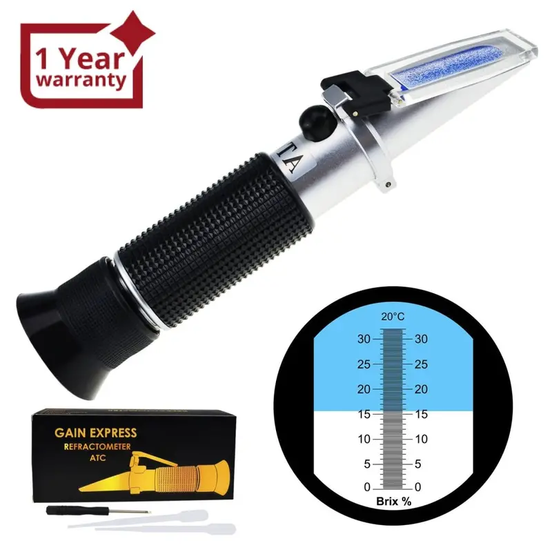 Reb-32Atc 0-32% Brix Refractometer Atc High-Concentrated Sugar Solution Content Test Tool 0.2% Division, Homebrew Tester Meter, Brandy Beer Fruits Vegetables Juices Soft Drinks 1