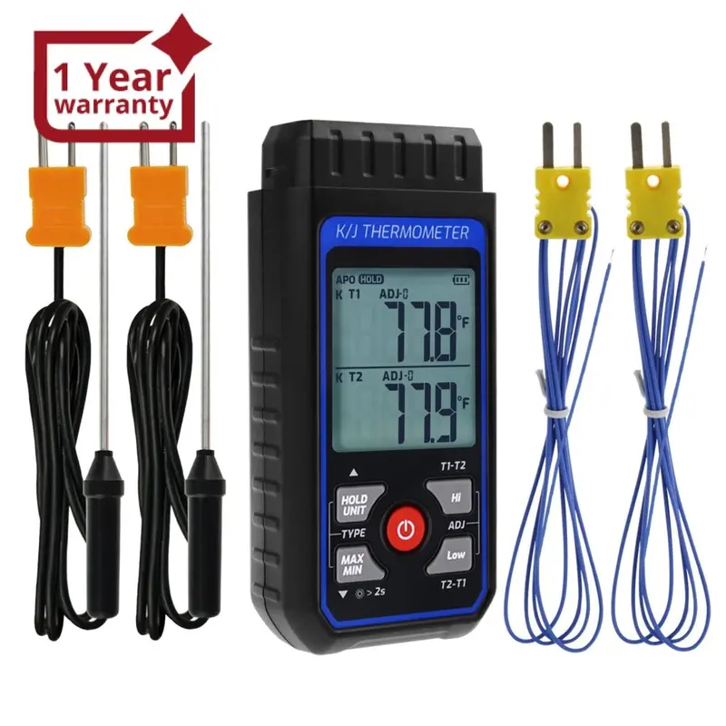 The-343  K/J Thermocouple Thermometer Dual Channel Temperature Meter Tester 4 K-Type Probes With Temperature Compensation And Alarm Function 1