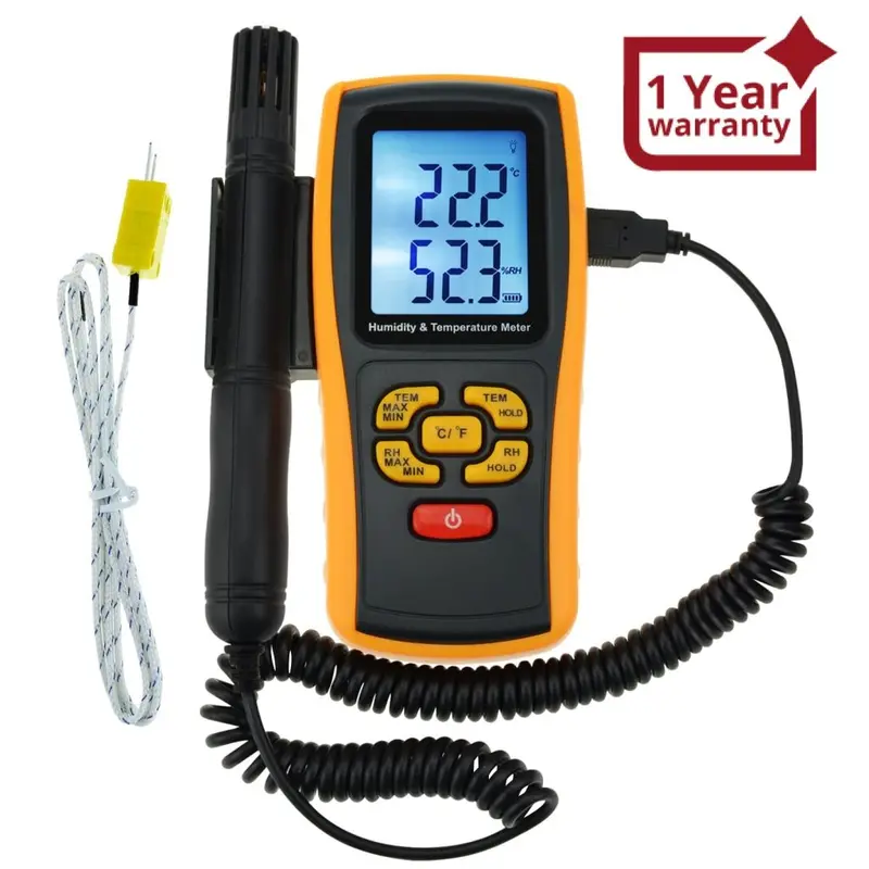 The-39 Lcd Digital Humidity And Temperature Meter Gauge 2 In 1 Measure Thermometer With Type K Thermocouple Sensor Probe, 10~98%Rh, -10~50°C (14~122°F),  -30~1000°C (-22~1832°F) K-Type 1