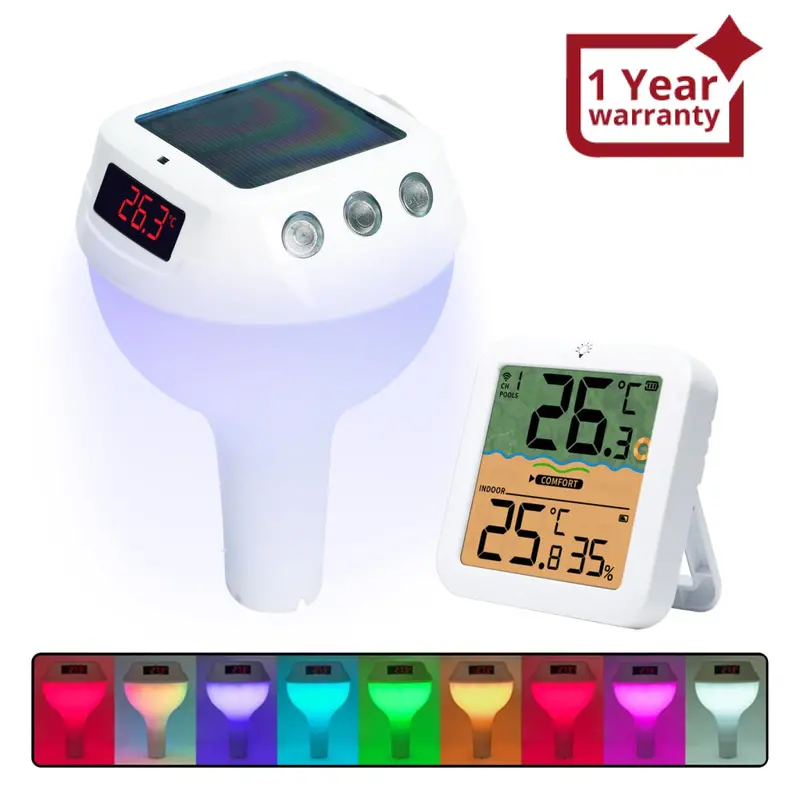 The-518 Wireless Solar-Powered Pool Thermometer Floating Thermometer With Rgb Lighting Ip68 Waterproof Swimming Pool Indoor Temperature And Humidity Measure For Swimming Pools, Spa, Hot Tubs 1
